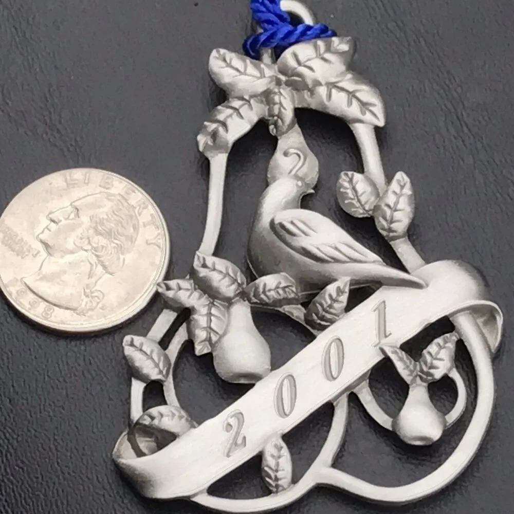 AVON Silver Blue Partridge Pear Tree Ornament 2001 Commemorative Collectible
